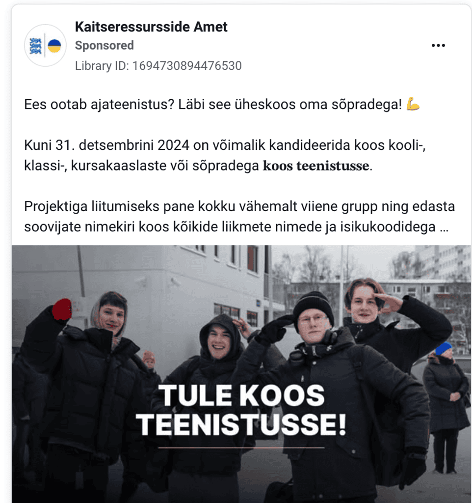 Aizsardzības resursu pārvaldes reklāma "Caur militāro dienestu ar draugiem"